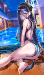 Rule 34 | 1girl, aris (blue archive), black hair, blue archive, blue eyes, blush, competition swimsuit, highres, kneepits, long hair, one-piece swimsuit, pool, poolside, shirosaba, swimsuit, very long hair, water, wet, wet clothes, wet hair, wet swimsuit