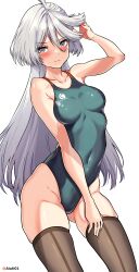 Rule 34 | 1girl, absurdres, aiuti, aqua one-piece swimsuit, bare shoulders, blush, breasts, brown thighhighs, competition swimsuit, covered navel, gluteal fold, grey eyes, grey hair, gundam, gundam suisei no majo, hair between eyes, highres, long hair, looking at viewer, medium breasts, miorine rembran, one-piece swimsuit, silhouette, simple background, solo, swimsuit, thighhighs, white background, white hair
