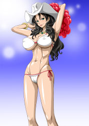 Rule 34 | 1girl, abs, alvida (one piece), armpits, arms up, bare arms, bare legs, bare shoulders, bikini, bikini top only, black hair, blush, breasts, cameltoe, cleavage, closed mouth, covered erect nipples, gradient background, green eyes, groin, hat, highres, jewelry, large breasts, legs, lips, lipstick, long hair, looking at viewer, makeup, navel, necklace, nel-zel formula, one piece, red lips, shiny skin, simple background, smile, solo, standing, sun hat, swimsuit, thighs, thong, toned, underboob, white bikini, white hat