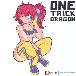 Rule 34 | 1girl, absurdres, aiba ami, blue eyes, blush, digimon, highres, one trick dragon, red eyes, simple background, solo, white background