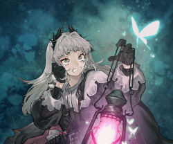 Rule 34 | 1girl, animal, arknights, black gloves, black jacket, bug, butterfly, capelet, clenched teeth, commentary request, gloves, grey eyes, grey hair, hands up, highres, holding, holding lantern, insect, irene (arknights), jacket, lantern, long hair, long sleeves, looking away, movik, puffy long sleeves, puffy sleeves, short eyebrows, solo, tears, teeth, white capelet