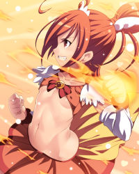 Rule 34 | 10s, 1girl, bow, breasts, choker, clenched hand, clenched hands, crop top, cure sunny, elbow gloves, covered erect nipples, fire, fire, gloves, grin, hino akane (smile precure!), midriff, navel, orange skirt, orange theme, precure, red eyes, red hair, skirt, small breasts, smile, smile precure!, solo, tasaka shinnosuke, tiara, underboob