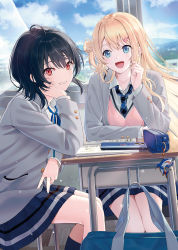 Rule 34 | 2girls, :d, bag, black hair, black legwear, blazer, blonde hair, blue eyes, blue necktie, blue ribbon, blue skirt, blue sky, chair, cloud, cloudy sky, collarbone, collared shirt, copyright request, day, desk, grey jacket, grin, hair between eyes, hair bun, hair ornament, twirling hair, hairclip, hand up, highres, hyuuga azuri, indoors, jacket, long hair, long sleeves, looking at another, looking at viewer, multiple girls, neck ribbon, necktie, on chair, one side up, open clothes, open jacket, open mouth, plaid necktie, pleated skirt, red eyes, ribbon, school bag, school chair, school desk, school uniform, shirt, single side bun, sitting, skirt, sky, smile, socks, sunlight, sweater vest, white shirt, window