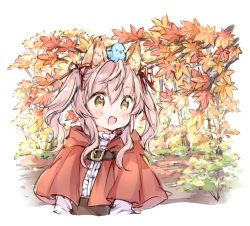 Rule 34 | 1girl, :d, animal, animal ear fluff, animal ears, animal on head, autumn leaves, bird, bird on head, bluebird, blush, brown eyes, capelet, center frills, commentary request, cropped torso, fang, frills, hair between eyes, hair ribbon, hood, hood down, hooded capelet, looking away, looking to the side, on head, open mouth, original, pink hair, red capelet, red ribbon, ribbon, shirt, sidelocks, smile, solo, tree, twintails, upper body, wataame27, white shirt, wolf-chan (wataame27), wolf ears
