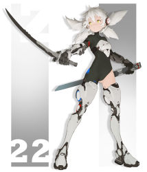 Rule 34 | 1girl, absurdres, armor, asymmetrical clothes, breastplate, breasts, full body, grey hair, highres, holding, holding sword, holding weapon, katana, mecha musume, original, prosthesis, prosthetic leg, sheath, skin tight, small breasts, solo, standing, sword, unsheathed, weapon, yang youcai, yellow eyes