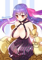 Rule 34 | 1girl, bare shoulders, black choker, breasts, choker, fate/extra, fate/extra ccc, fate (series), floating hair, gauntlets, hair ribbon, large breasts, light particles, long hair, o-ring, o-ring top, parted lips, passionlip (fate), pink ribbon, purple hair, red eyes, ribbon, shina shina, shorts, solo, striped, striped clothes, striped shorts, twitter username, vertical stripes