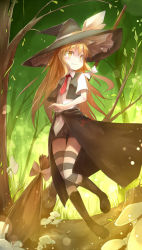 Rule 34 | 1girl, alternate costume, blonde hair, blush, boots, broom, female focus, forest, fred04142, full body, hat, kirisame marisa, lights, long hair, mushroom, nature, necktie, outdoors, overskirt, plant, shirt, shorts, skirt, skirt set, smile, solo, striped clothes, striped thighhighs, thighhighs, touhou, vest, witch, witch hat, yellow eyes