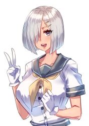 Rule 34 | 1girl, :d, black sailor collar, blue eyes, breasts, collarbone, commentary request, gloves, grey hair, hair ornament, hair over one eye, hairclip, hamakaze (kancolle), hands up, highres, kantai collection, large breasts, looking at viewer, neckerchief, open mouth, quanero, sailor collar, school uniform, serafuku, shirt, short hair, short sleeves, smile, solo, teeth, upper body, v, white background, white shirt, yellow neckerchief