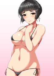 Rule 34 | 1girl, absurdres, alternate costume, ar (lover boy), bikini, black bikini, black hair, blush, breasts, brown eyes, cleavage, clenched hand, closed mouth, collarbone, embarrassed, frown, gradient background, groin, hair ornament, hairclip, hand up, highres, kantai collection, large breasts, looking at viewer, micro bikini, myoukou (kancolle), navel, shiny skin, short hair, side-tie bikini bottom, skindentation, solo, stomach, swimsuit, upper body