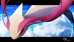 Rule 34 | above clouds, bad id, bad pixiv id, bright pupils, cloud, commentary request, creatures (company), day, flying, game freak, gen 3 pokemon, highres, letterboxed, milotic, nintendo, no humans, outdoors, outside border, pokemon, pokemon (creature), red eyes, rolloekaki, signature, solo, white pupils