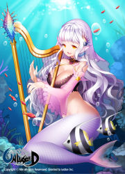 Rule 34 | 1girl, aile (crossroads), breasts, bubble, character request, cleavage, coral, detached sleeves, earrings, fins, fish, harp, head fins, instrument, jewelry, large breasts, long hair, long sleeves, mermaid, monster girl, open mouth, orange eyes, smile, solo, underwater, unleashed, white hair