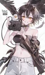 Rule 34 | 1girl, :d, animal, antenna hair, arm tattoo, bald eagle, bare shoulders, bird, black choker, black jacket, blush, breasts, brown hair, choker, collarbone, controller, cowboy shot, eagle, game controller, highres, holding, holding controller, holding game controller, jacket, long sleeves, looking at viewer, medium breasts, midriff, muaooooo, navel, open clothes, open jacket, open mouth, orange eyes, original, pants, parted lips, short hair, simple background, smile, solo, stomach, strapless, tattoo, tube top, white background, white pants