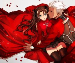 Rule 34 | 1boy, 1girl, archer (fate), blue eyes, bluuue, brown hair, fate/stay night, fate (series), grey eyes, looking at viewer, miniskirt, skirt, thighhighs, tohsaka rin, turtleneck, two side up, white hair, zettai ryouiki