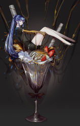 Rule 34 | 1other, bare legs, black footwear, black shirt, black shorts, blue eyes, blue hair, commentary, english commentary, food, from side, fruit, gem uniform (houseki no kuni), grey background, high heels, highres, houseki no kuni, ice cream, in food, long hair, looking at viewer, looking to the side, matching hair/eyes, mini person, minigirl, phosphophyllite, phosphophyllite (ll), ponytail, shirt, short shorts, short sleeves, shorts, sitting, softmode, solo, spoilers, strawberry, very long hair