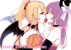 Rule 34 | 10s, 2girls, absurdres, ayase eli, bad id, bad pixiv id, bat wings, birthday, blonde hair, blue eyes, blush, breasts, candy, choker, detached sleeves, dress, elbow gloves, food, gloves, hair ornament, hair scrunchie, happy birthday, heart, highres, jack-o&#039;-lantern, large breasts, lollipop, love live!, love live! school idol festival, love live! school idol project, low twintails, multiple girls, ponytail, purple hair, ren., scrunchie, sharing food, sleeveless, sleeveless dress, strapless, strapless dress, tojo nozomi, twintails, white background, wings, yuri