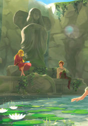 Rule 34 | 1boy, 1girl, absurdres, arm support, barefoot, blonde hair, blue sky, brown footwear, brown hair, dress, eorinamo, flower, highres, leg up, lens flare, lily pad, link, long hair, looking at another, lotus, moss, nintendo, pointy ears, princess zelda, red dress, sitting, sky, statue, sunlight, the legend of zelda, the legend of zelda: skyward sword, twitter username, water