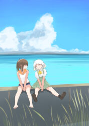 Rule 34 | 2girls, absurdres, ascot, barefoot, blue one-piece swimsuit, blue sky, brown hair, closed eyes, cloud, collared shirt, day, dress shirt, grass, grey skirt, highres, horizon, i-401 (kancolle), kantai collection, multiple girls, natsugumo (kancolle), ocean, one-piece swimsuit, orange sailor collar, outdoors, pleated skirt, ponytail, sailor collar, scenery, school swimsuit, shirt, short hair, side-tie shirt, sidelocks, sitting, skirt, sky, suspender skirt, suspenders, swimsuit, swimsuit under clothes, toplow, white hair, white shirt, yellow ascot