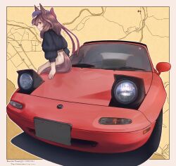 Rule 34 | 1girl, animal ears, balladeluce, blue hat, border, bow, brown hair, cabbie hat, car, character name, eunos roadster, hair bow, hair ornament, hairclip, hat, headlight, highres, horse ears, horse girl, horse tail, long hair, looking at viewer, map background, matikane tannhauser (umamusume), mazda, mazda mx-5, mazda mx-5 na, motor vehicle, puffy sleeves, red bow, shadow, smile, tail, umamusume, vehicle focus, vehicle name, white border, yellow eyes