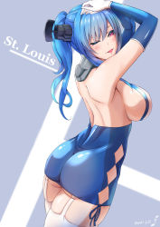 Rule 34 | 1girl, argyle, argyle clothes, argyle cutout, ass, azur lane, back, backless dress, backless outfit, bad id, bad pixiv id, bare shoulders, blue dress, blue hair, blue sleeves, blush, breasts, character name, clothing cutout, detached sleeves, dress, garter straps, hair between eyes, hair ornament, halter dress, halterneck, kurihara kazuake, large breasts, long hair, looking at viewer, purple eyes, revealing clothes, side ponytail, smile, solo, st. louis (azur lane), thighhighs, thighs, white thighhighs