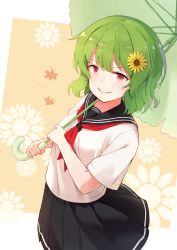 Rule 34 | 1girl, absurdres, alternate costume, blue sailor collar, blue skirt, breasts, bug, butterfly, commentary, cowboy shot, english commentary, floral background, flower, from above, green hair, grin, hair flower, hair ornament, highres, holding, holding umbrella, insect, kazami yuuka, looking at viewer, neckerchief, pink background, pleated skirt, red eyes, red neckerchief, sailor collar, school uniform, serafuku, short hair, skirt, small breasts, smile, solo, standing, sunflower, touhou, umbrella, yaruwashi