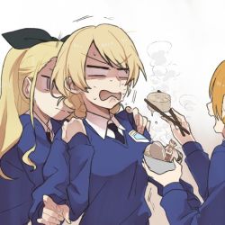 Rule 34 | 10s, 3girls, :|, assam (girls und panzer), black ribbon, blank eyes, blonde hair, blue eyes, braid, chopsticks, closed mouth, commentary request, darjeeling (girls und panzer), feeding, food, girls und panzer, gloom (expression), hair pulled back, hair ribbon, hand on another&#039;s shoulder, holding, holding food, long hair, looking at another, multiple girls, open mouth, orange hair, orange pekoe (girls und panzer), ree (re-19), restrained, ribbon, school uniform, short hair, st. gloriana&#039;s school uniform, standing, steam, sushi, sweatdrop, twin braids, upper body, v-shaped eyebrows, white background