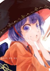 Rule 34 | 1girl, bowl, chin strap, chopsticks, dated, dress, food, food on face, japanese clothes, long sleeves, obi, object on head, open mouth, purple eyes, purple hair, red dress, ribbon, rikapo, sash, short hair, simple background, solo focus, sukuna shinmyoumaru, touhou, white background, wide sleeves