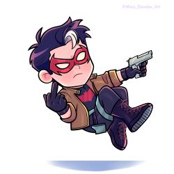 Rule 34 | 1boy, absurdres, animal print, bat print, batman (series), black hair, bodysuit, boots, brown jacket, chibi, commentary, dc comics, domino mask, english commentary, finger on trigger, frown, gloves, gun, handgun, highres, holding, holding gun, holding weapon, jacket, jason todd, jumping, male focus, marudavalosart, mask, middle finger, multicolored hair, pistol, red mask, simple background, streaked hair, two-tone hair, weapon, white background