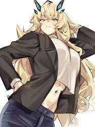Rule 34 | 1girl, abs, blonde hair, blue pants, breasts, brown jacket, crop top, crop top overhang, cropped shirt, denim, barghest (fate), fate/grand order, fate (series), green eyes, highres, horns, jacket, jeans, large breasts, long hair, long sleeves, looking at viewer, midriff, navel, open clothes, open jacket, pants, sausu hitori, shirt, solo, thighs, very long hair, white shirt