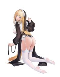 Rule 34 | 1girl, absurdres, artist name, ass, bdsm, black dress, blonde hair, blue eyes, blush, breasts, collar, commentary request, dated, dress, feet, frills, from behind, full body, garter belt, habit, highres, kneeling, large breasts, leaning forward, leash, long hair, looking at viewer, looking back, mungersky, no shoes, nun, open mouth, original, panties, simple background, slave, soles, solo, thighhighs, thong, underwear, very long hair, white background, white garter belt, white panties, white thighhighs