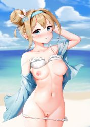 Rule 34 | 1girl, aqua eyes, beach, bikini, bikini pull, bikini top lift, blush, breasts, brown hair, cleft of venus, clothes lift, clothes pull, cloud, day, decensored, female focus, girls&#039; frontline, hair bun, highres, light brown hair, looking at viewer, medium breasts, navel, nipples, ocean, open bikini, open clothes, outdoors, pussy, short hair, single hair bun, sky, solo, standing, suomi (girls&#039; frontline), swimsuit, third-party edit, uncensored, water, white clover (unfy8472)