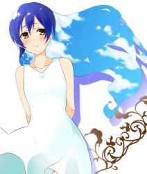 Rule 34 | 1girl, arms behind back, bad id, bad twitter id, bare shoulders, blue hair, blush, closed mouth, dress, hair between eyes, long hair, love live!, love live! school idol project, simple background, smile, solo, sonoda umi, white background, white dress, yellow eyes, yomotsuka tsukasa