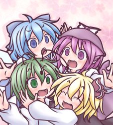 Rule 34 | 4girls, ahoge, antennae, bad id, bad pixiv id, blonde hair, blue eyes, blue hair, bow, cherry blossoms, cirno, closed eyes, fang, floral background, green eyes, green hair, group hug, hair bow, hair ribbon, hat, hug, imminent hug, long sleeves, multiple girls, mystia lorelei, open mouth, outstretched arms, purple eyes, purple hair, ribbon, rumia, short hair, spread arms, takanoru, team 9 (touhou), touhou, wings, wriggle nightbug