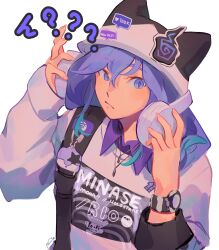 Rule 34 | 1boy, ?, ??, absurdres, aqua hair, commentary, english commentary, hair between eyes, hands on headphones, hat, headphones over headwear, highres, hitodama, holostars, jewelry, long hair, looking to the side, male focus, mararu, minase rio, multicolored hair, purple eyes, purple hair, slit pupils, solo, streaked hair, two-tone hair, upper body, virtual youtuber, watch, white background, wristwatch