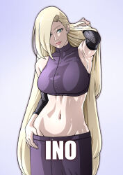 Rule 34 | 1girl, blonde hair, blue eyes, breasts, female focus, gloves, hair over one eye, highres, large breasts, long hair, looking at viewer, mature female, midriff, naruto (series), navel, no panties, no pupils, pale skin, smile, solo, teasing, thick thighs, thighs, turtleneck, yamanaka ino