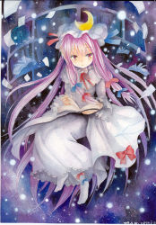 Rule 34 | 1girl, artist name, book, crescent, dated, female focus, hat, long hair, mosho, painting (medium), patchouli knowledge, purple eyes, purple hair, ribbon, signature, solo, touhou, traditional media, watercolor (medium)