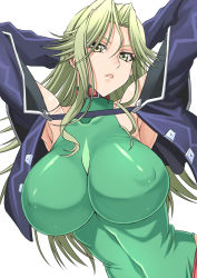 Rule 34 | 1girl, armpits, arms behind head, arms up, bare shoulders, breasts, collar, commentary request, covered navel, covered erect nipples, green eyes, green hair, highres, lamia loveless, large breasts, long hair, looking at viewer, matching hair/eyes, simple background, solo, super robot wars, super robot wars original generation, syunzou, upper body, white background