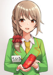 Rule 34 | 1girl, absurdres, blush, braid, brown eyes, brown hair, can, collared shirt, commentary request, energy drink, gradient background, green jacket, grey background, hair ornament, hair over shoulder, hair scrunchie, highres, holding, holding can, idolmaster, idolmaster cinderella girls, idolmaster cinderella girls starlight stage, jacket, mitsumine raimu, name tag, necktie, red scrunchie, scrunchie, senkawa chihiro, shirt, single braid, solo, star (symbol), upper body, white background, white shirt, yellow necktie