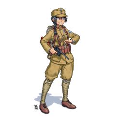 Rule 34 | 1girl, absurdres, ammunition pouch, backpack, bag, braid, china, clip (weapon), field cap, gun, handgun, hat, highres, holding, holding gun, holding weapon, leg wrap, long hair, magazine (weapon), mauser c96, military, military uniform, original, ostwindprojekt, pants, pants tucked in, peaked cap, pistol, pouch, short hair, simple background, single braid, smile, soldier, solo, uniform, weapon, white background, world war ii