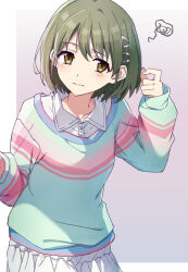 Rule 34 | 1girl, blush, dot nose, gradient background, green eyes, green hair, grid background, hair ornament, hand up, idolmaster, idolmaster shiny colors, long sleeves, looking away, multicolored clothes, nanakusa nichika, purple background, shirt, short hair, simple background, skirt, solo, striped clothes, striped sweater, sweater, tsuezu, two-tone background, white background, white shirt, white skirt, wince