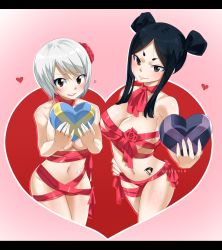 Rule 34 | 2girls, absurdres, black hair, breasts, collar, fairy tail, gaston18, hair ornament, heart, highres, large breasts, long hair, looking at viewer, makeup, minerva orlando, multiple girls, naughty face, navel, no panties, open mouth, ribbon, short hair, smile, tape, twintails, white hair, yukino aguria