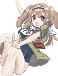 Rule 34 | 1girl, arm up, blue one-piece swimsuit, blush, breasts, brown eyes, brown hair, hair between eyes, hairband, i-26 (kancolle), jacket, kantai collection, large breasts, long hair, multicolored hairband, name tag, nikai kara momoshio, one-hour drawing challenge, one-piece swimsuit, open mouth, sailor collar, short sleeves, simple background, solo, swimsuit, swimsuit under clothes, two side up, w, white background, white sailor collar