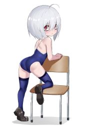 Rule 34 | 1girl, absurdres, ahoge, alternate hair length, alternate hairstyle, ass, bags under eyes, black footwear, blue one-piece swimsuit, blue thighhighs, chair, eha7y, from behind, full body, highres, kneepits, leaning forward, leg up, legs, looking at viewer, looking back, one-piece swimsuit, on one knee, original, protected link, red eyes, school swimsuit, shaded face, shoes, short hair, silver hair, simple background, solo, swimsuit, thighhighs, thighs, wasabi-chan (eha7y), white background
