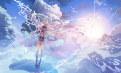 Rule 34 | 1girl, absurdres, alternate costume, bare shoulders, belt, blue eyes, blue hair, boots, bzerox, choker, cloud, feathers, hatsune miku, highres, long hair, looking at viewer, matching hair/eyes, navel, sky, solo, sun, sunlight, twintails, vocaloid