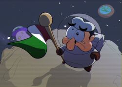 Rule 34 | 1boy, abduction, astronaut, black hair, brown gloves, chef hat, commentary, earth (planet), easylucario, english commentary, fat, fat man, flag, food-themed creature, frown, full body, gloves, hat, helmet, holding, holding flag, italian flag, long nose, male focus, moon, on moon, peppino spaghetti, pizza tower, pizzaface, planet, shadow, space, space helmet, spacesuit, star (sky), teardrop, u.f.olive, ufo, uneven eyes, white headwear