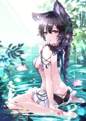 Rule 34 | absurdres, alternate costume, bare shoulders, barefoot, black hair, braid, butt crack, eyebrows, flower, granblue fantasy, highres, lotus, nier (granblue fantasy), nier (lover by the lily lake) (granblue fantasy), plant, red eyes, solo, swimsuit, twin braids, water surface, yoake