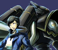 Rule 34 | alphamon, amasawa keisuke, black eyes, black hair, cape, digimon, looking at viewer, open mouth, triangle