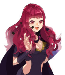 Rule 34 | 1girl, black bodysuit, black cape, bodysuit, breasts, cape, cleavage, clothing cutout, collarbone, commentary, fire emblem, fire emblem engage, hair ornament, highres, long hair, medium breasts, nintendo, open mouth, red eyes, red hair, side cutout, simple background, smile, solo, star (symbol), star hair ornament, white background, yachimata 1205, yunaka (fire emblem)