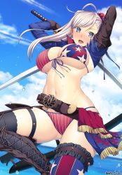 Rule 34 | 1girl, american flag bikini, asymmetrical hair, asymmetrical legwear, belt, bikini, black belt, blue eyes, blue sky, boots, breasts, bun cover, day, dual wielding, fate/grand order, fate (series), flag print, front-tie bikini top, front-tie top, hair bun, holding, large breasts, long hair, looking at viewer, mismatched legwear, miyamoto musashi (fate), miyamoto musashi (fate/grand order), miyamoto musashi (swimsuit berserker) (fate), miyamoto musashi (swimsuit berserker) (second ascension) (fate), navel, pink hair, single hair bun, sky, solo, swept bangs, swimsuit, thigh boots, thighhighs, unadon, uneven legwear