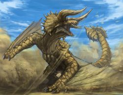 Rule 34 | absurdres, artist request, capcom, claws, desert, diablos, highres, horns, monster, monster hunter (series), no humans, open mouth, scales, solo, tail, wings, yellow eyes