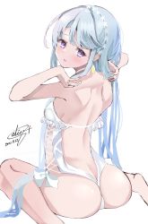 Rule 34 | 1girl, absurdres, ass, asymmetrical bangs, butt crack, calin, casual one-piece swimsuit, commentary request, flower, frilled one-piece swimsuit, frilled swimsuit, frills, from above, grey hair, hair flower, hair ornament, hairband, highleg, highleg swimsuit, highres, kantai collection, long hair, looking at viewer, official alternate costume, one-hour drawing challenge, one-piece swimsuit, one-piece tan, purple eyes, sagiri (kancolle), shawl, side-tie swimsuit, simple background, sitting, solo, swept bangs, swimsuit, tan, tanline, wariza, white background, white one-piece swimsuit, white shawl
